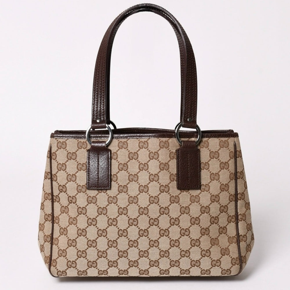 極美品 GUCCI グッチ GGキャンバス トートバッグ 113019 ベージュ ブラウン レザー シルバー金具 イタリア製 中古 4a003030