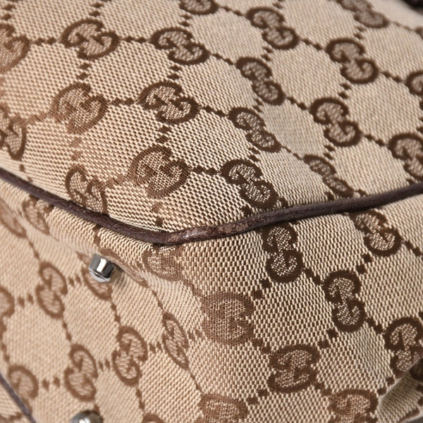 極美品 GUCCI グッチ GGキャンバス トートバッグ 113019 ベージュ ブラウン レザー シルバー金具 イタリア製 中古 4a003030