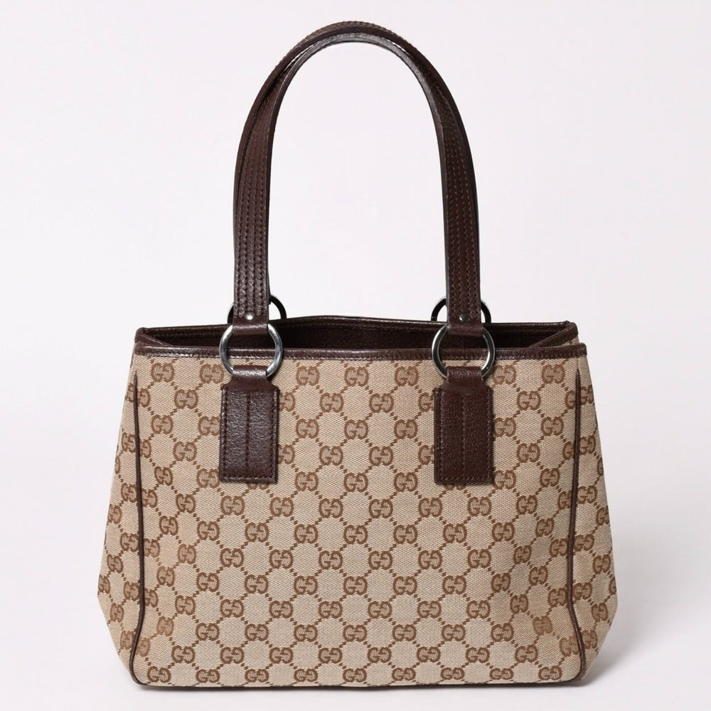 極美品 GUCCI グッチ GGキャンバス トートバッグ 113019 ベージュ ブラウン レザー シルバー金具 イタリア製 中古 4a003030