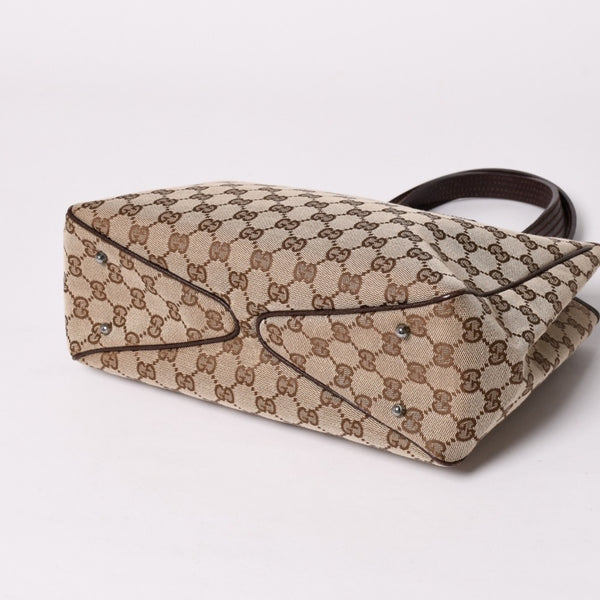 極美品 GUCCI グッチ GGキャンバス トートバッグ 113019 ベージュ ブラウン レザー シルバー金具 イタリア製 中古 4a003030