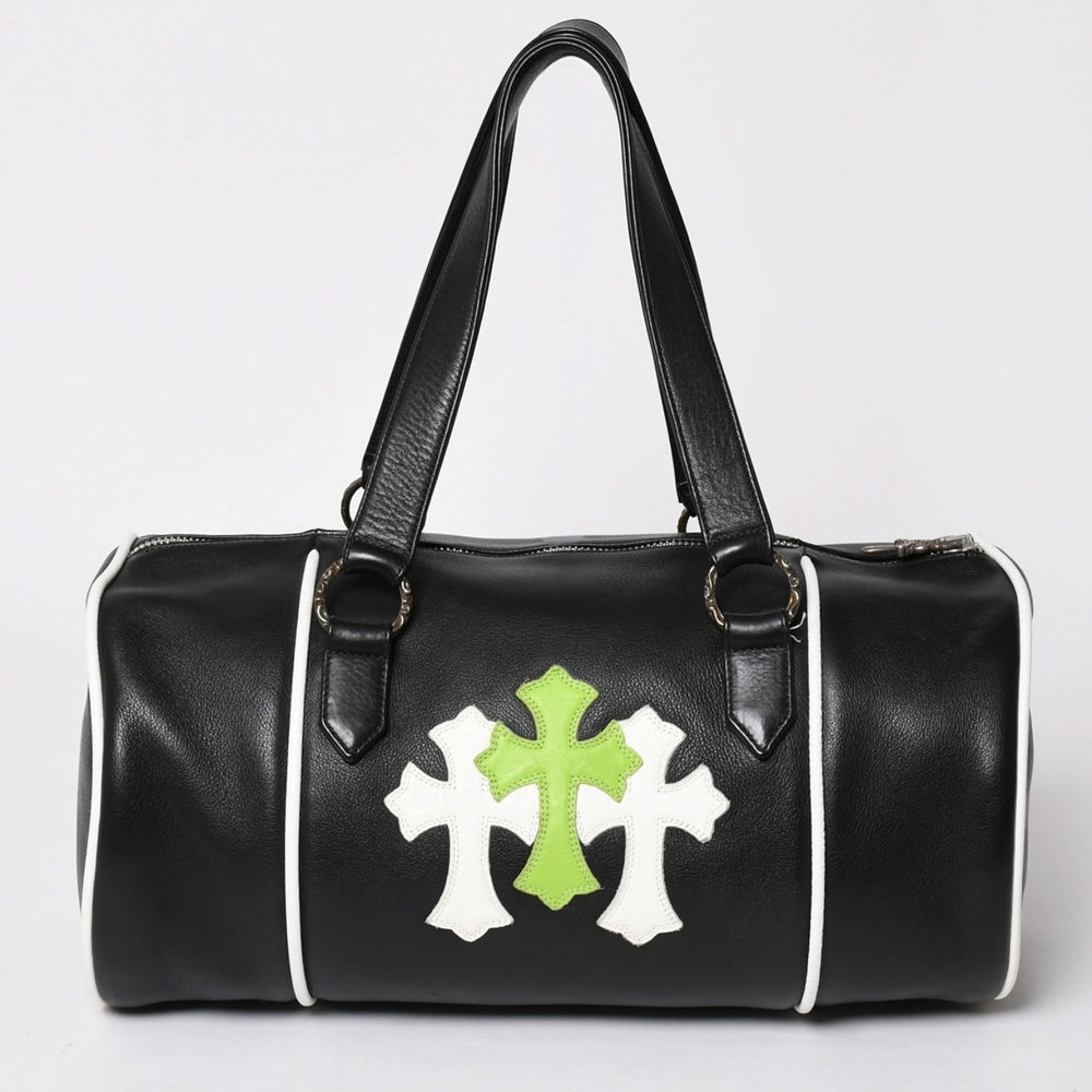 Very Good Condition CHROME HEARTS DUFFLE BAG MINI Duffel Bag Handbag Cemetery Cross Patch Black Green Leather Used 4a002898