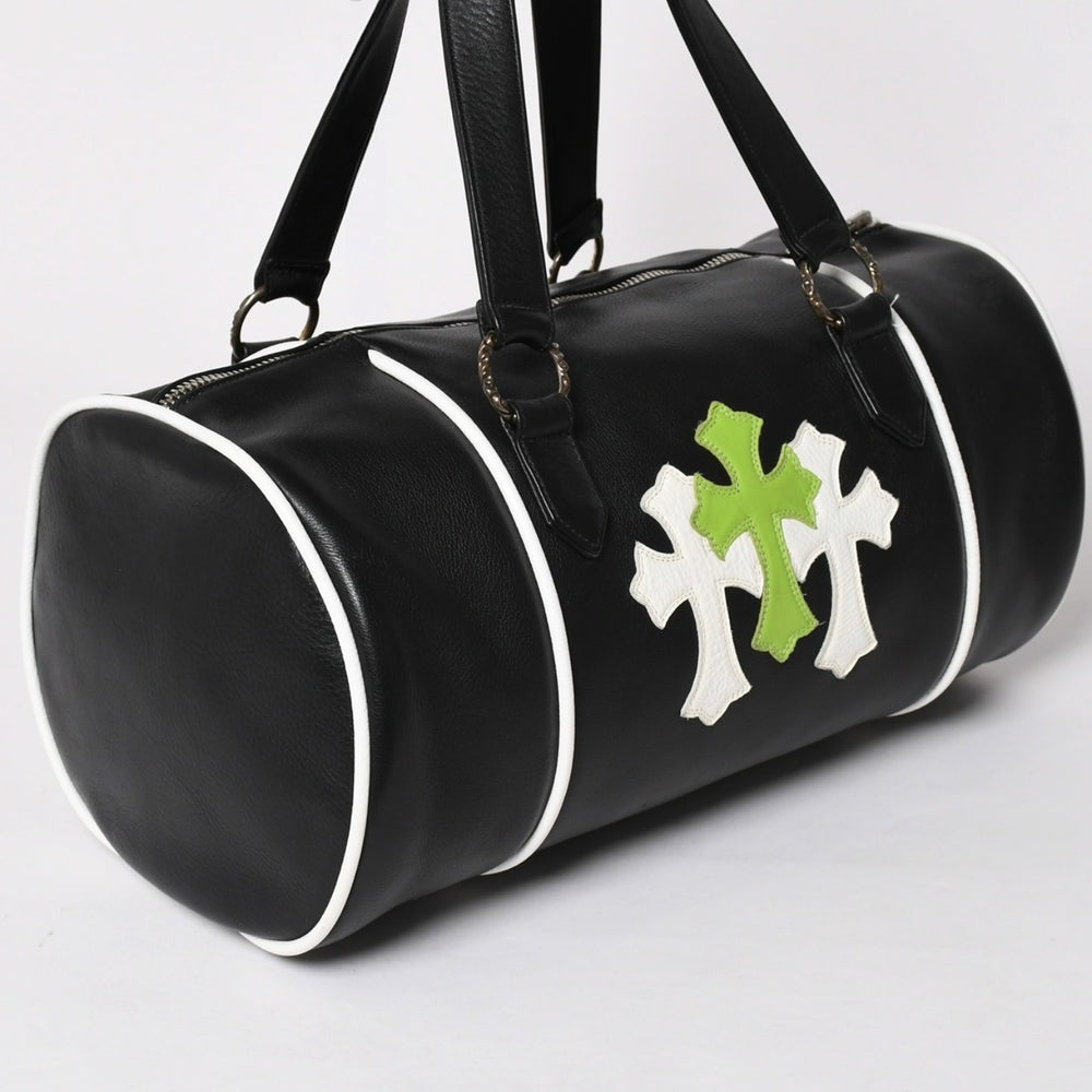 極美品 CHROME HEARTS クロムハーツ DUFFLE BAG MINI ダッフルバッグ ハンドバッグ セメタリークロスパッチ ブラック グリーン レザー 中古 4a002898