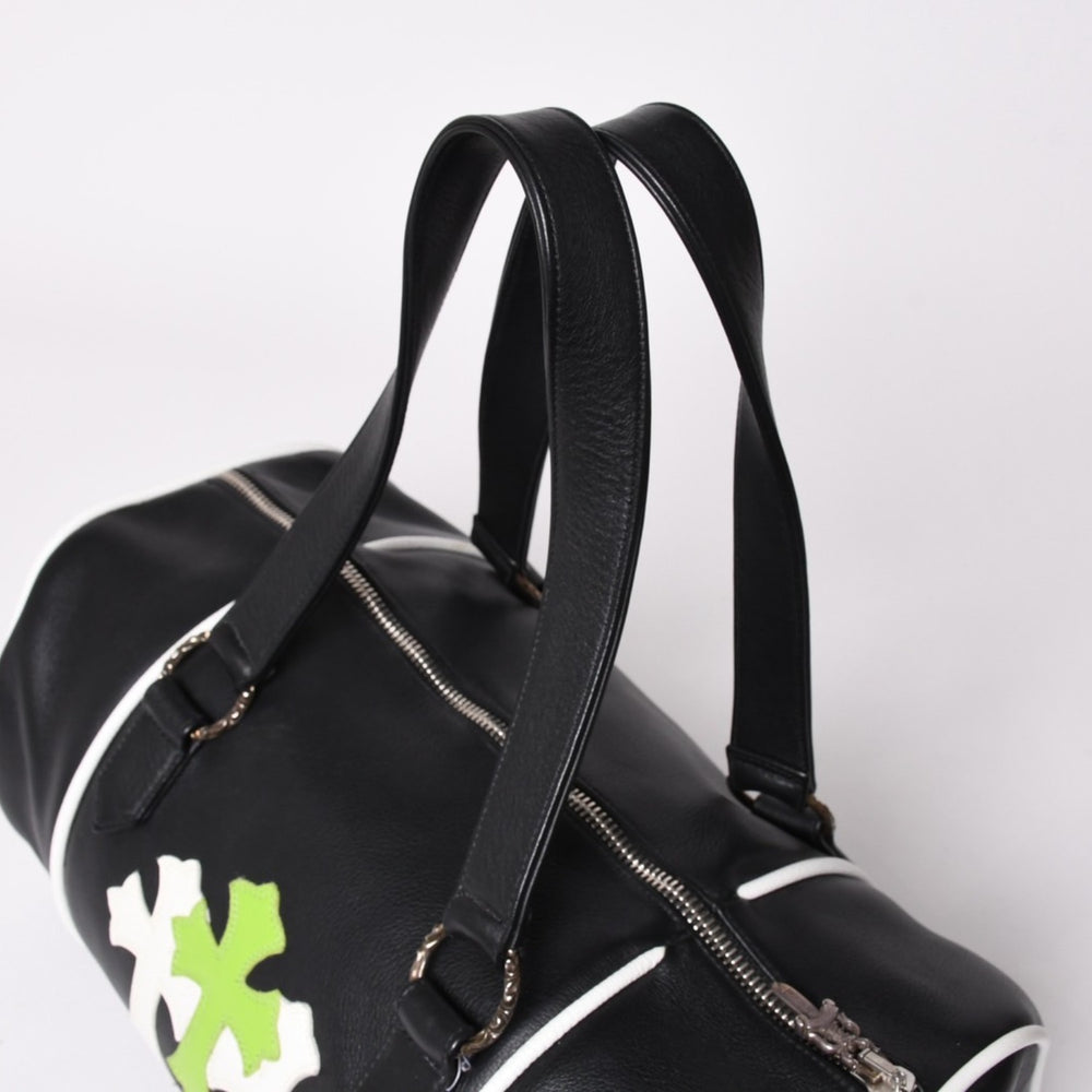 極美品 CHROME HEARTS クロムハーツ DUFFLE BAG MINI ダッフルバッグ ハンドバッグ セメタリークロスパッチ ブラック グリーン レザー 中古 4a002898
