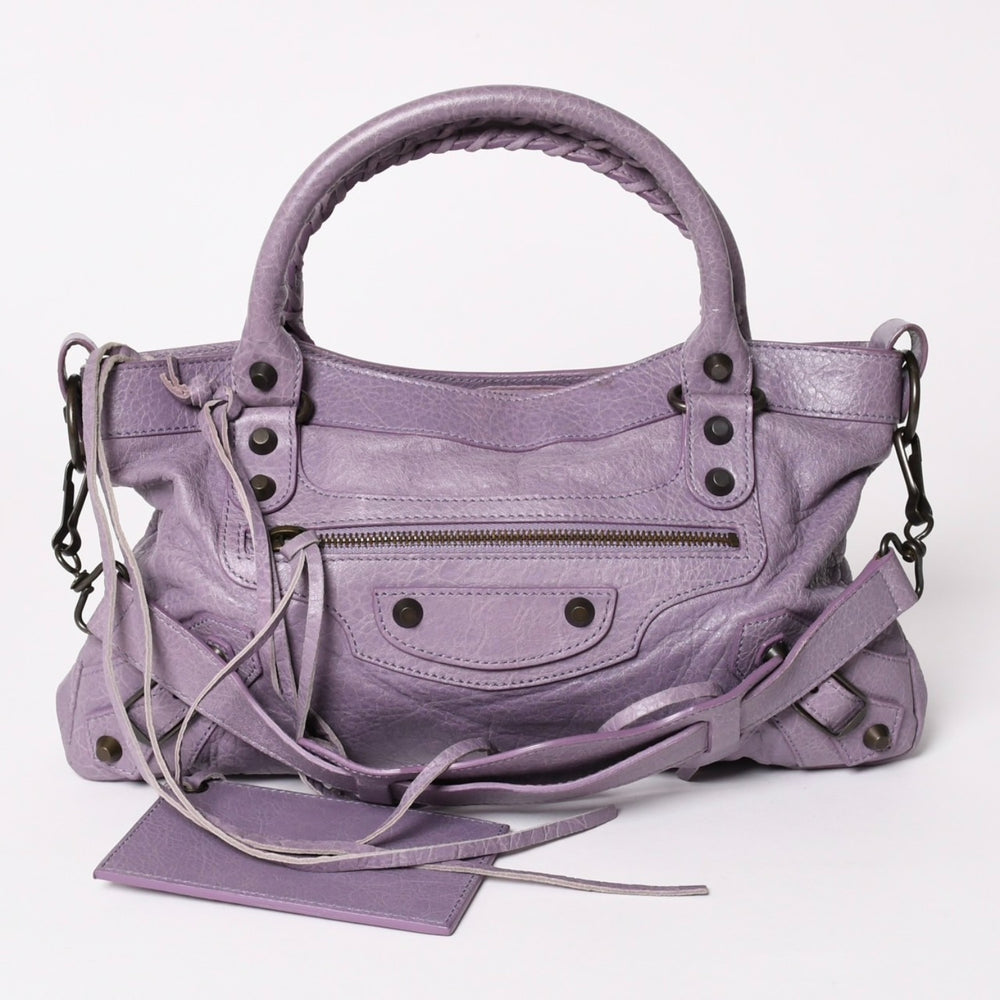 極美品 BALENCIAGA バレンシアガ エディターズ ザファースト 2WAY ハンドバッグ ラムスキン パープル スタッズ 103208 メタルブラック 中古 4a003082