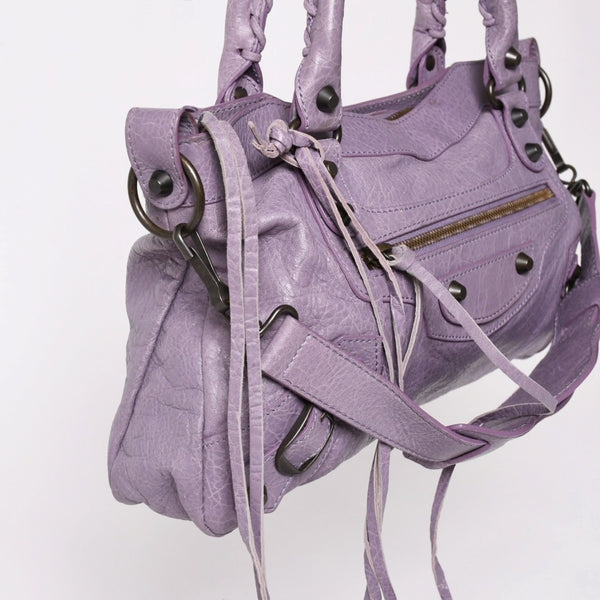 極美品 BALENCIAGA バレンシアガ エディターズ ザファースト 2WAY ハンドバッグ ラムスキン パープル スタッズ 103208 メタルブラック 中古 4a003082