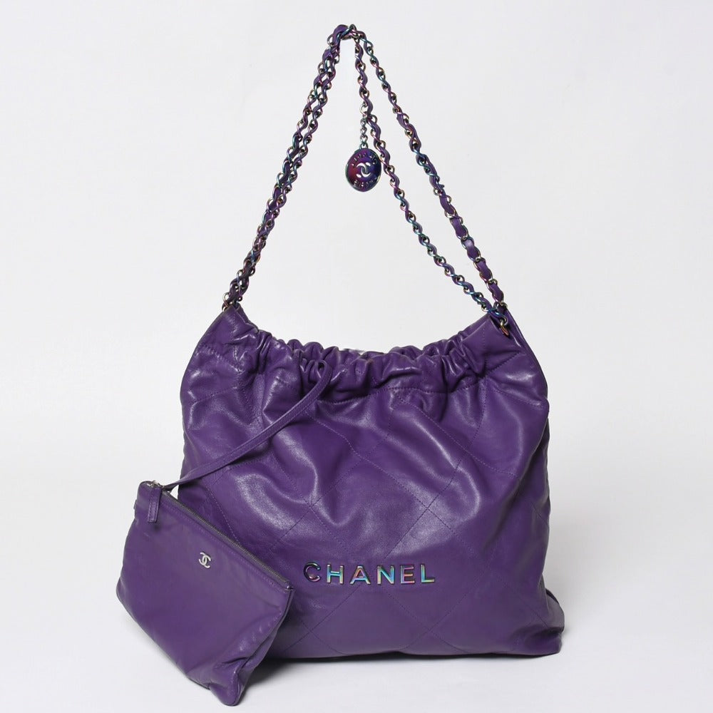 CHANEL シャネル 22 ハンドバッグ ショルダーバッグ ランダム番台 シャイニーカーフスキン パープル レインボー金具 美品 中古 4a003085