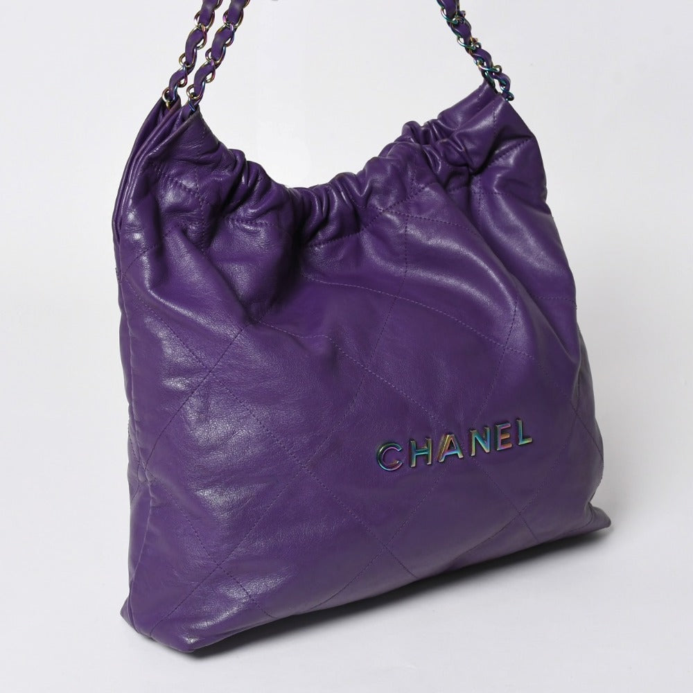 CHANEL シャネル 22 ハンドバッグ ショルダーバッグ ランダム番台 シャイニーカーフスキン パープル レインボー金具 美品 中古 4a003085