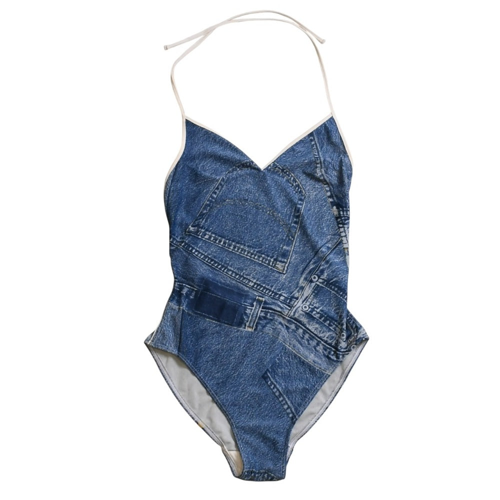 Very Good Condition Christian Dior One Piece Swimsuit Trompe L'oeil Denim Details Galliano Period 521020 Camisole Type Strap Swimwear Used 4a002722