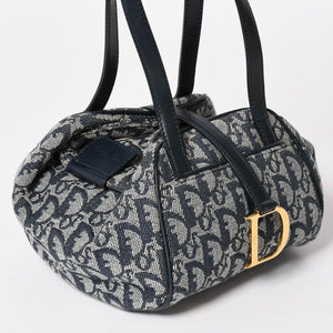 Christian Dior クリスチャンディオール ハンドバッグ トロッター ネイビー 総柄 コットンキャンバス ガリアーノ期 ジャガード織り 美品 中古 4a002925