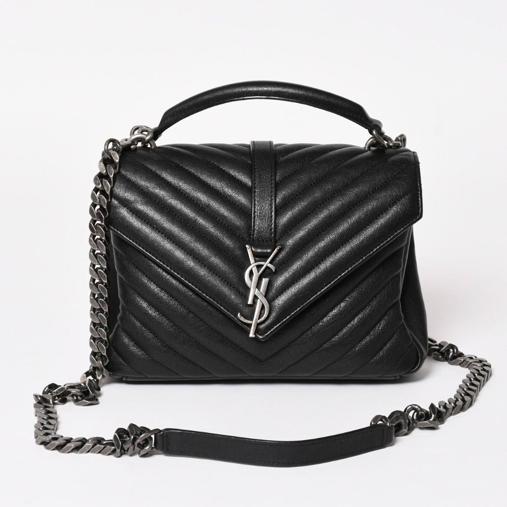 Very Good Condition SAINT LAURENT Saint Laurent College Shoulder Bag Handbag 2way 428056 Leather Black Silver Hardware Used 4a003033