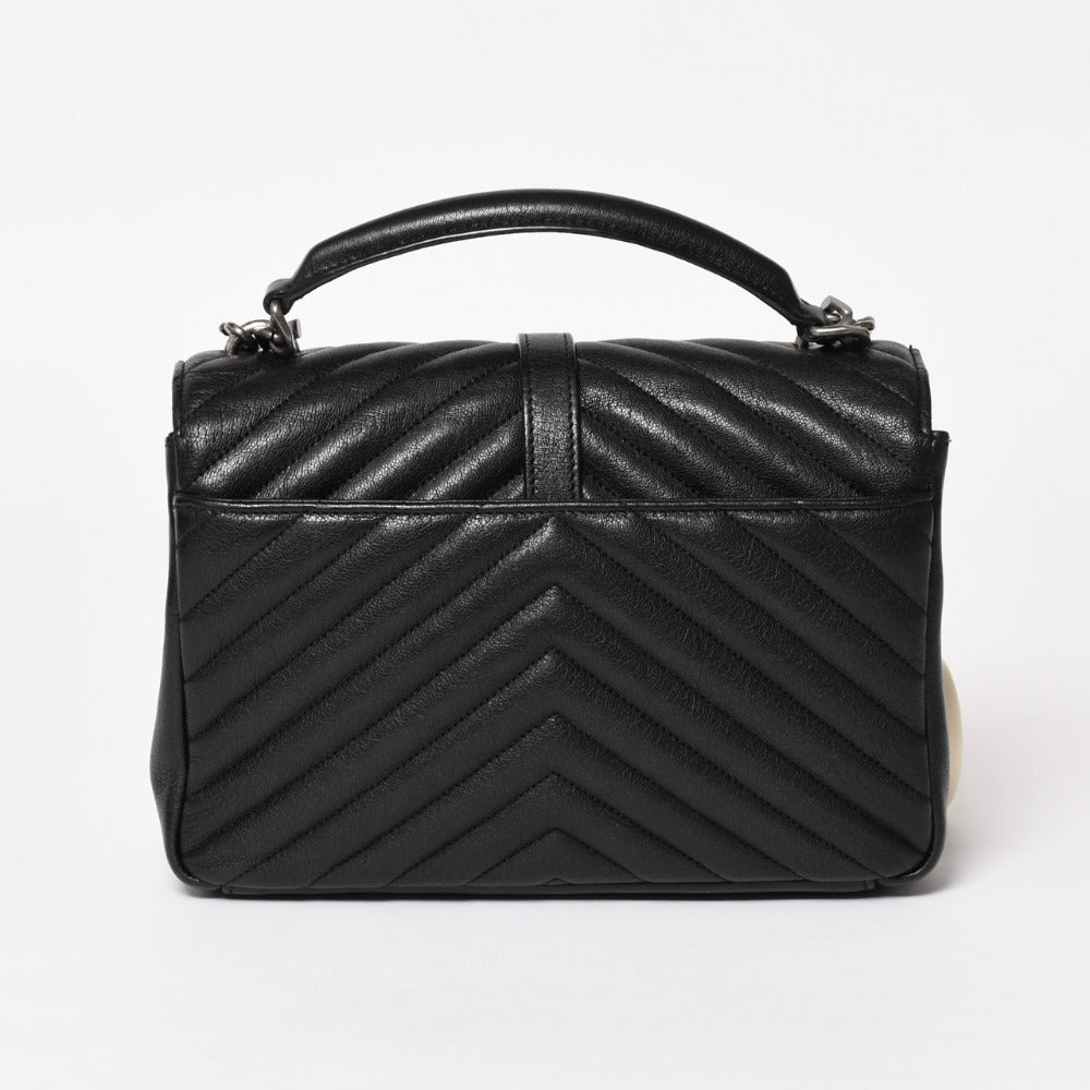 Very Good Condition SAINT LAURENT Saint Laurent College Shoulder Bag Handbag 2way 428056 Leather Black Silver Hardware Used 4a003033