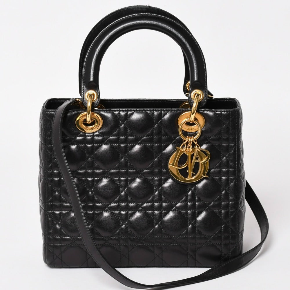 Very Good Condition Christian Dior Lady Dior Black Handbag Gold Hardware MA-0092 Used 4a003032