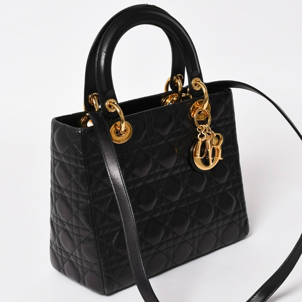 Very Good Condition Christian Dior Lady Dior Black Handbag Gold Hardware MA-0092 Used 4a003032