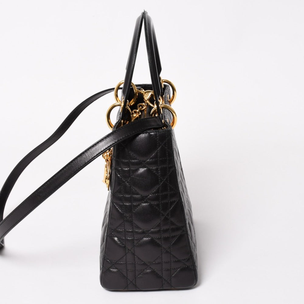 Very Good Condition Christian Dior Lady Dior Black Handbag Gold Hardware MA-0092 Used 4a003032
