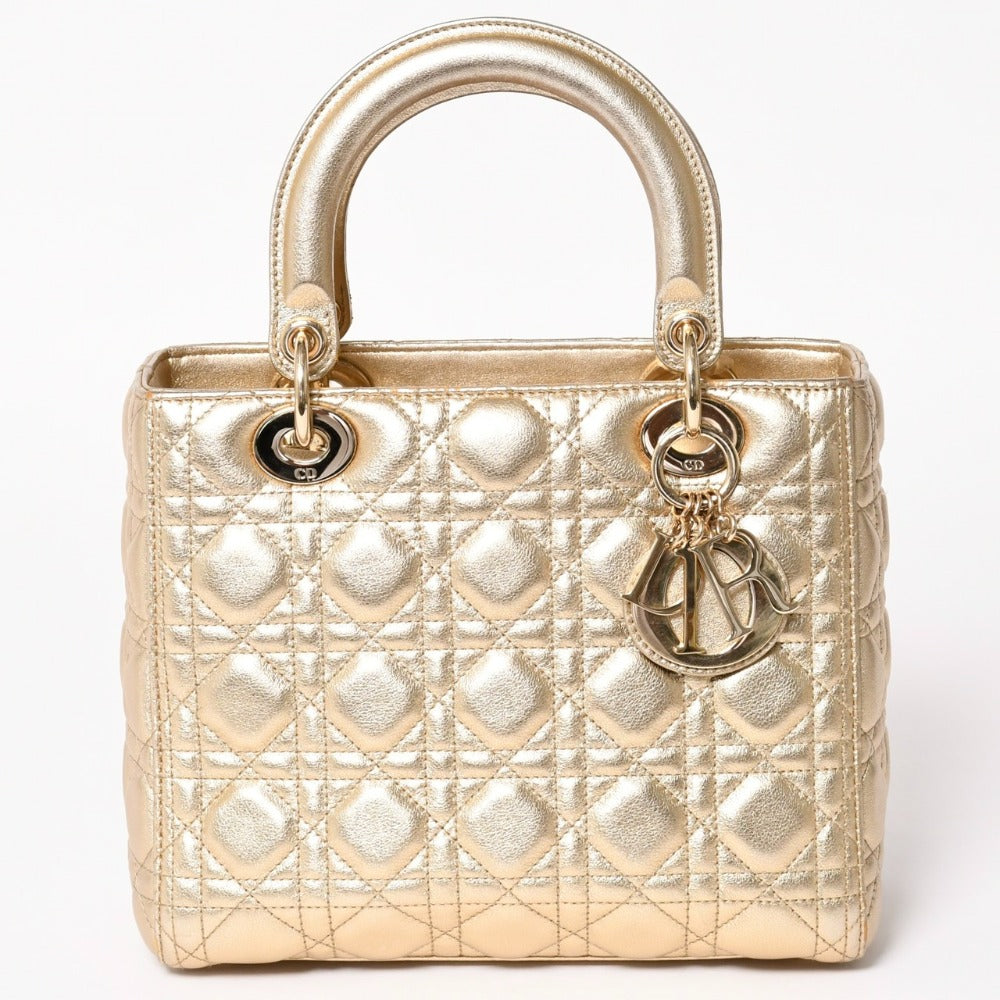 極美品 Christian Dior クリスチャンディオール レディディオール ミディアム 2WAY ハンドバッグ カナージュ ゴールド 中古 4a003111