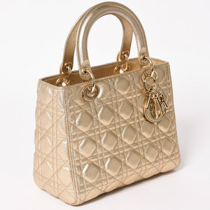 極美品 Christian Dior クリスチャンディオール レディディオール ミディアム 2WAY ハンドバッグ カナージュ ゴールド 中古 4a003111