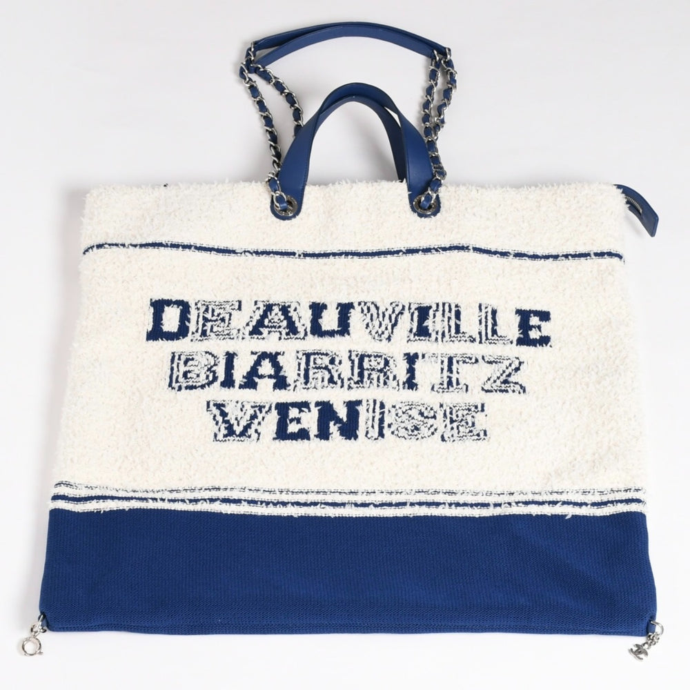 極美品 CHANEL シャネル トートバッグ パイル ラージショッピングバッグ 27番台 AS0452 ホワイト ブルー 中古 4a003092