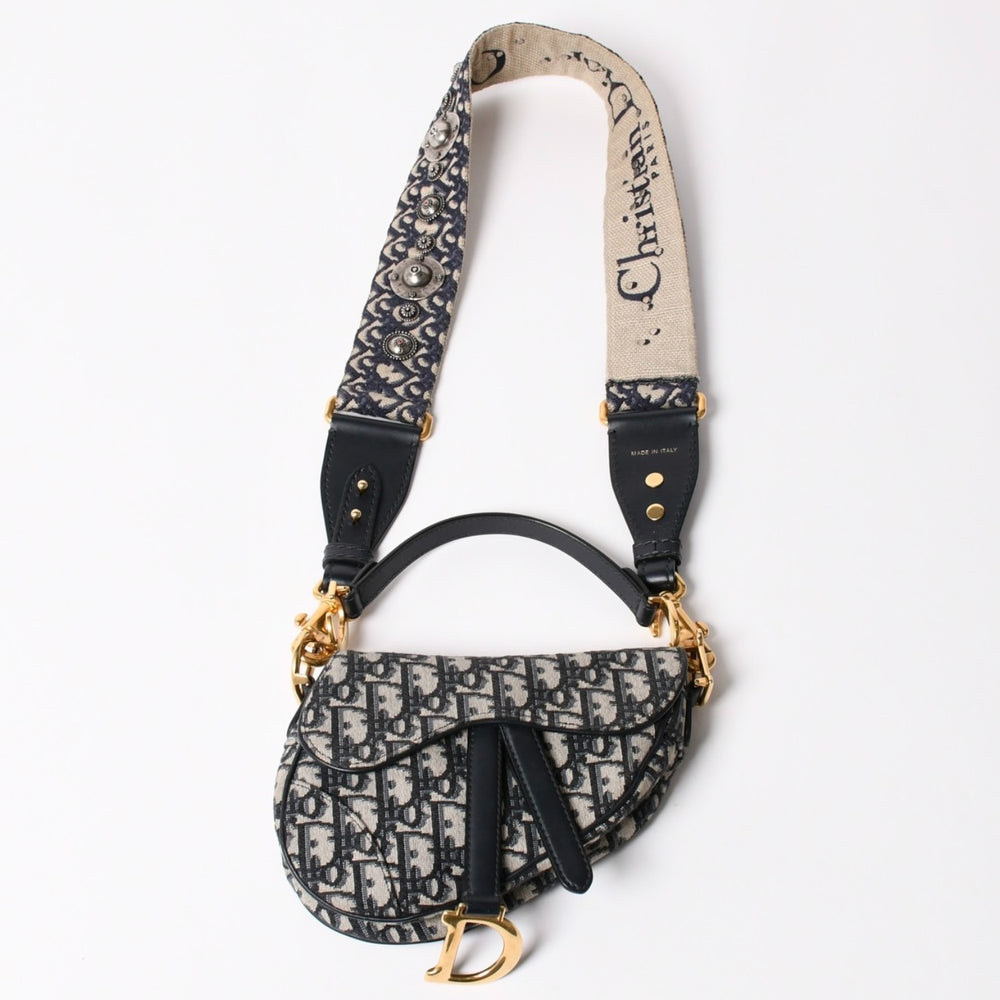 Very Good Condition Christian Dior Saddle Mini Bag Handbag M0456CTZQ Oblique Navy Used 4a003093