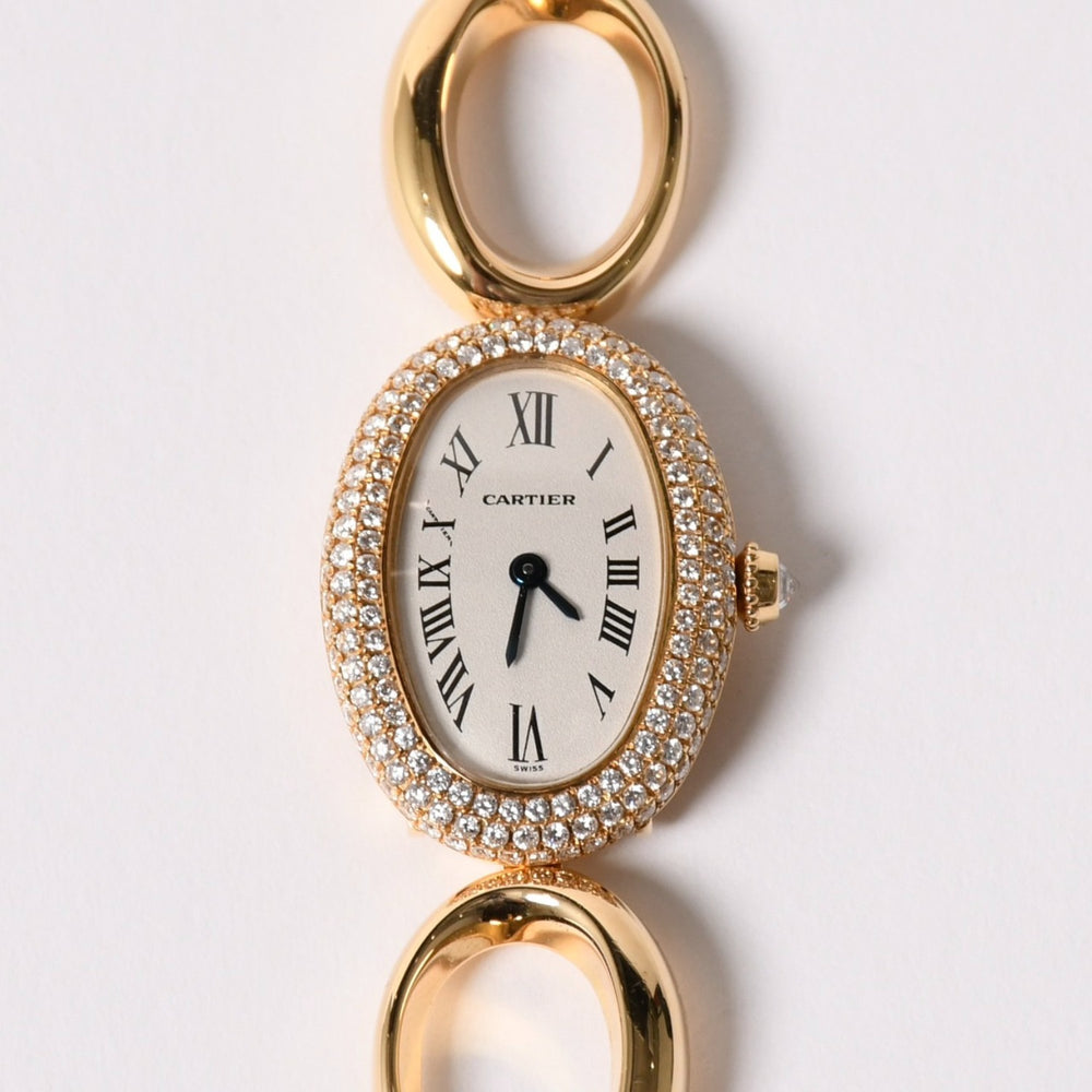 極美品 CARTIER カルティエ Baignoire ベニュワール 腕時計 1968 重量約60.12g パヴェダイヤ 18KYG クオーツ アノーブレス 中古 4a003101