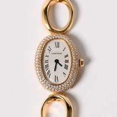 極美品 CARTIER カルティエ Baignoire ベニュワール 腕時計 1968 重量約60.12g パヴェダイヤ 18KYG クオーツ アノーブレス 中古 4a003101