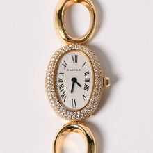 画像をギャラリービューアに読み込む, 極美品 CARTIER カルティエ Baignoire ベニュワール 腕時計 1968 重量約60.12g パヴェダイヤ 18KYG クオーツ アノーブレス 中古 4a003101
