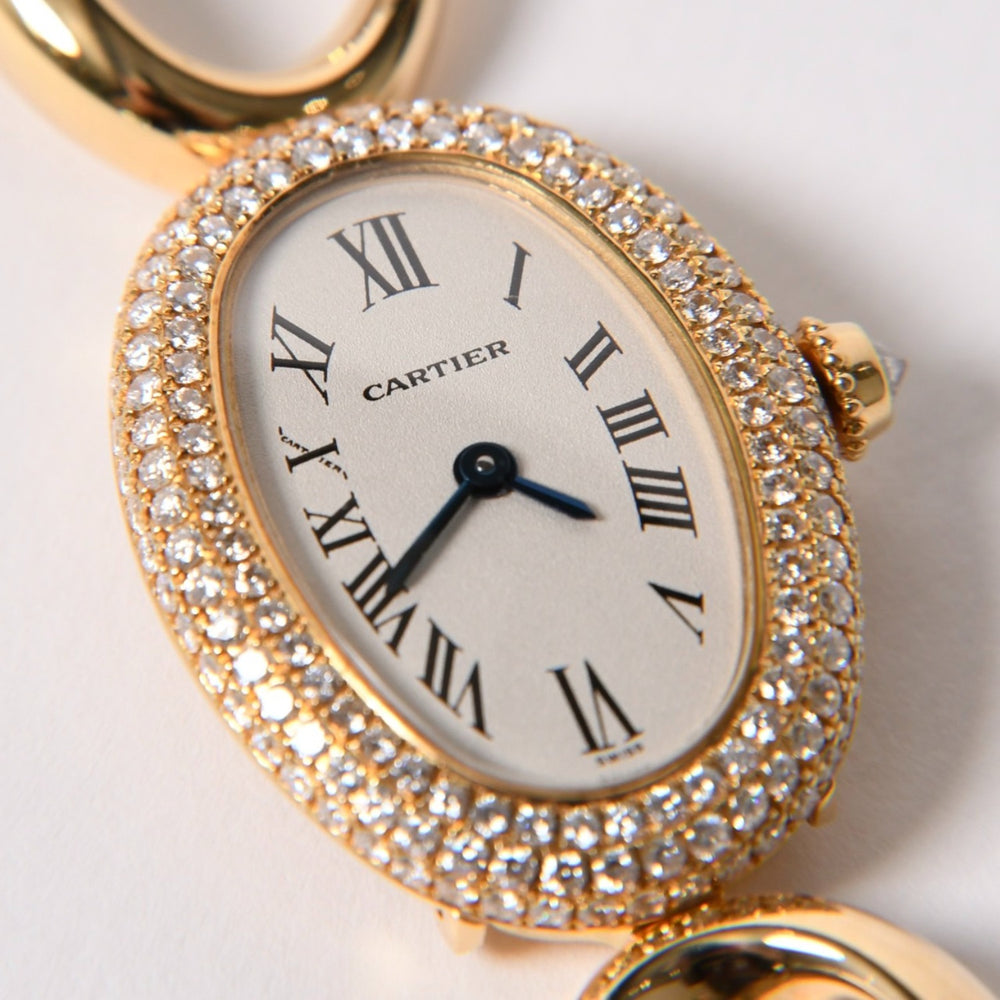 極美品 CARTIER カルティエ Baignoire ベニュワール 腕時計 1968 重量約60.12g パヴェダイヤ 18KYG クオーツ アノーブレス 中古 4a003101