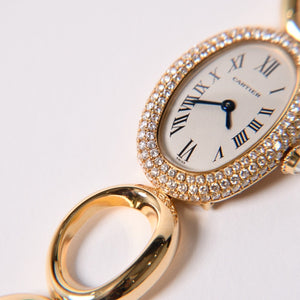 極美品 CARTIER カルティエ Baignoire ベニュワール 腕時計 1968 重量約60.12g パヴェダイヤ 18KYG クオーツ アノーブレス 中古 4a003101