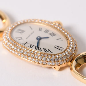 極美品 CARTIER カルティエ Baignoire ベニュワール 腕時計 1968 重量約60.12g パヴェダイヤ 18KYG クオーツ アノーブレス 中古 4a003101