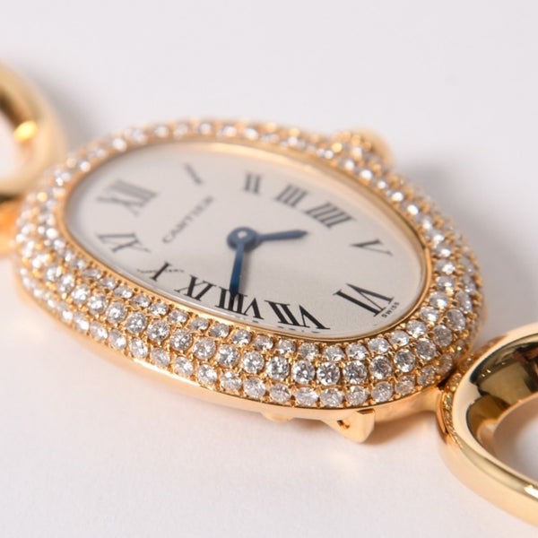 極美品 CARTIER カルティエ Baignoire ベニュワール 腕時計 1968 重量約60.12g パヴェダイヤ 18KYG クオーツ アノーブレス 中古 4a003101