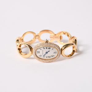 極美品 CARTIER カルティエ Baignoire ベニュワール 腕時計 1968 重量約60.12g パヴェダイヤ 18KYG クオーツ アノーブレス 中古 4a003101