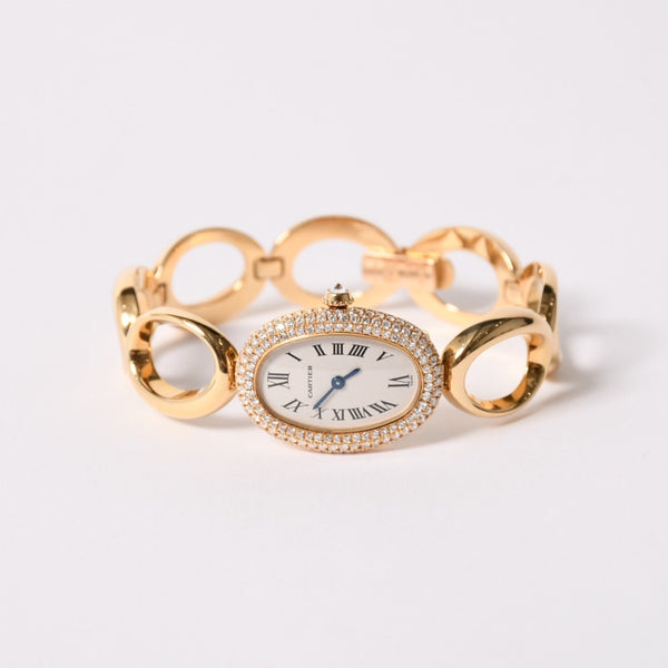 極美品 CARTIER カルティエ Baignoire ベニュワール 腕時計 1968 重量約60.12g パヴェダイヤ 18KYG クオーツ アノーブレス 中古 4a003101