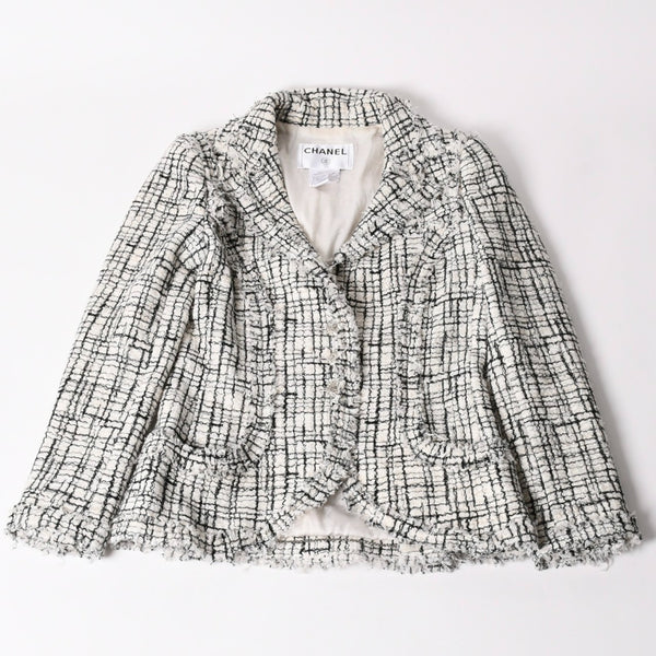 CHANEL シャネル ツイード テーラードジャケット P27798V17631 サイズ36 ココマーク シングル ホワイト ブラック 美品 中古 4a002639