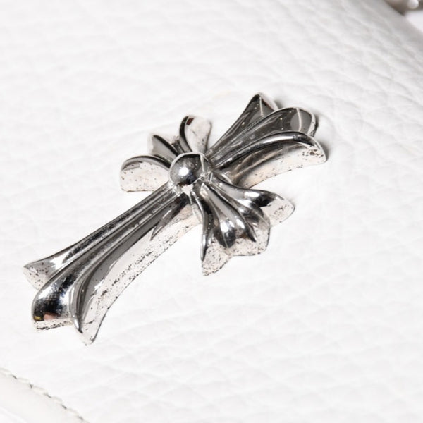 極美品 CHROME HEARTS クロムハーツ ドッグアダムス CHクロス 2WAYバッグ ダガージップ レザー シルバ−925 ホワイト 中古 4a003115