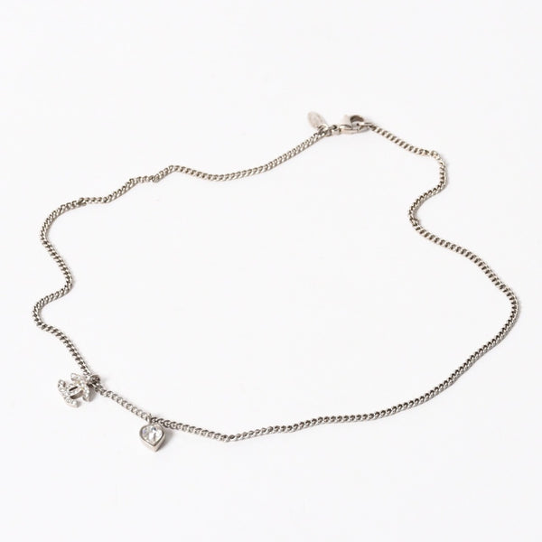 CHANEL Coco Mark Necklace Weight Approx. 6.86g 09C Engraved Heart Metal Rhinestone Silver Clear Good Condition Used 4a003143