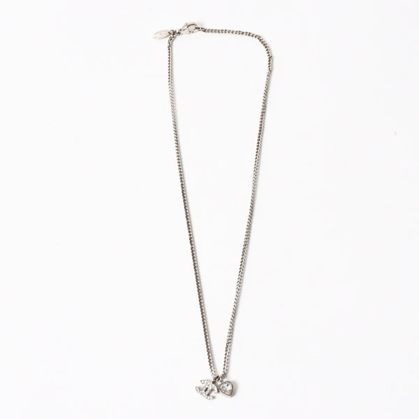 CHANEL Coco Mark Necklace Weight Approx. 6.86g 09C Engraved Heart Metal Rhinestone Silver Clear Good Condition Used 4a003143