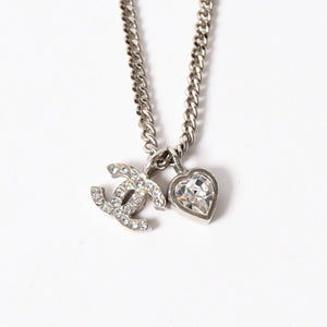 CHANEL Coco Mark Necklace Weight Approx. 6.86g 09C Engraved Heart Metal Rhinestone Silver Clear Good Condition Used 4a003143