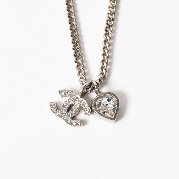 CHANEL Coco Mark Necklace Weight Approx. 6.86g 09C Engraved Heart Metal Rhinestone Silver Clear Good Condition Used 4a003143