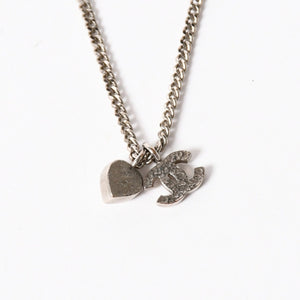 CHANEL Coco Mark Necklace Weight Approx. 6.86g 09C Engraved Heart Metal Rhinestone Silver Clear Good Condition Used 4a003143