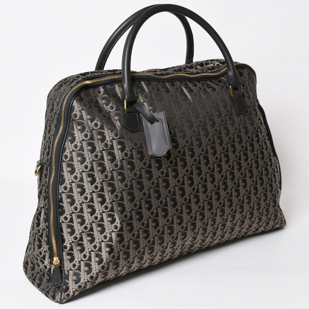 Very Good Condition Christian Dior Oblique Trotter Boston Bag Jacquard Canvas Calfskin Black Gold Hardware WS27279 Used 4a002093