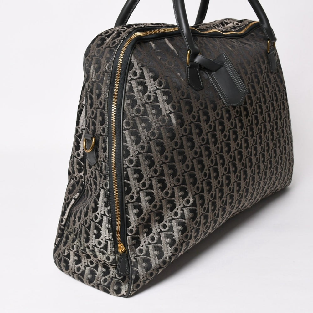 Very Good Condition Christian Dior Oblique Trotter Boston Bag Jacquard Canvas Calfskin Black Gold Hardware WS27279 Used 4a002093