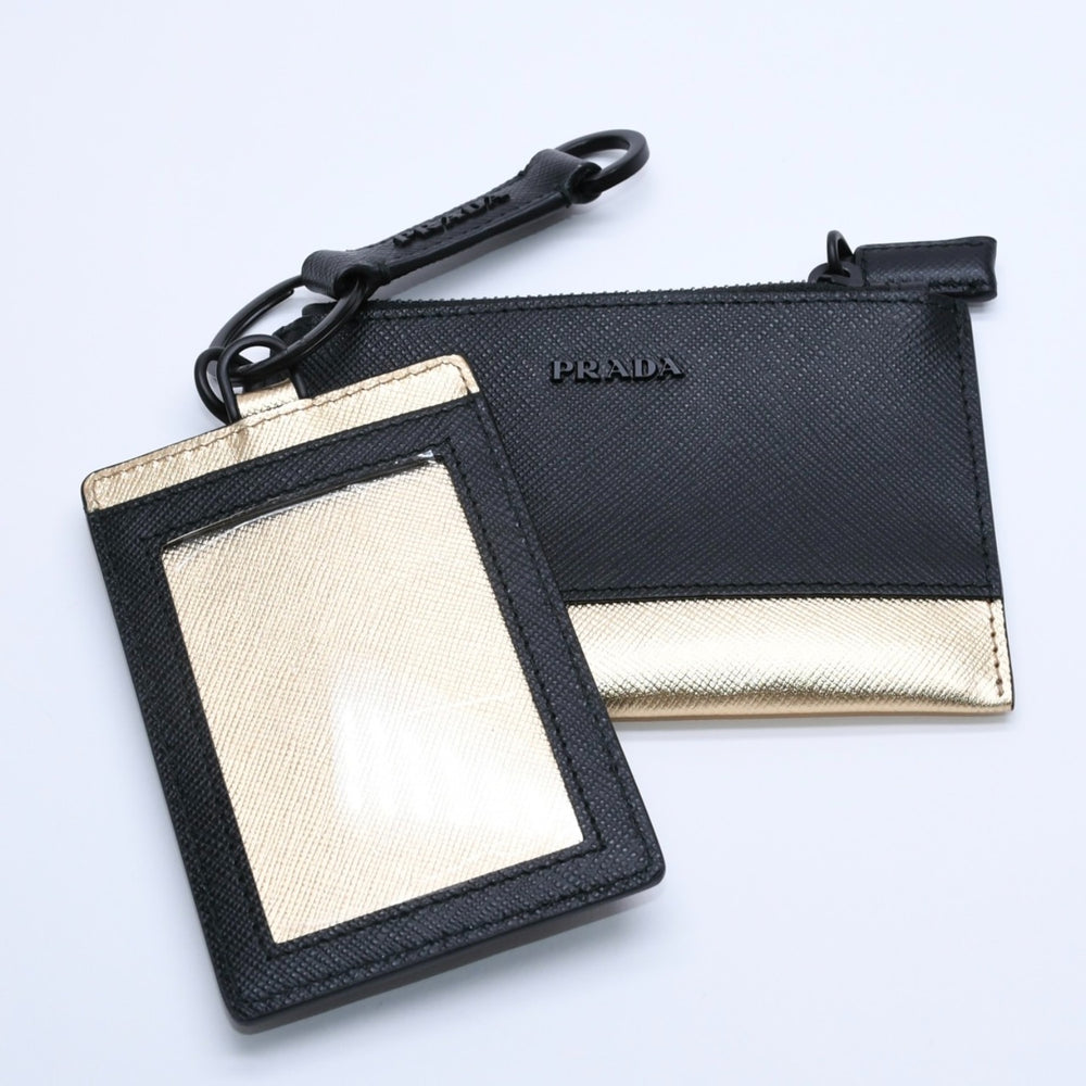 極美品 PRADA プラダ ロゴ コインケース カードカース サファーノレザー ブラック ゴールド ブラック レザー 中古 4a003223