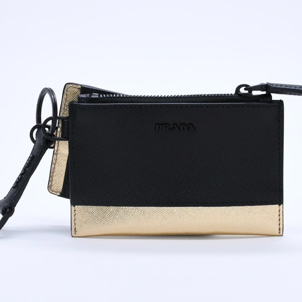 極美品 PRADA プラダ ロゴ コインケース カードカース サファーノレザー ブラック ゴールド ブラック レザー 中古 4a003223