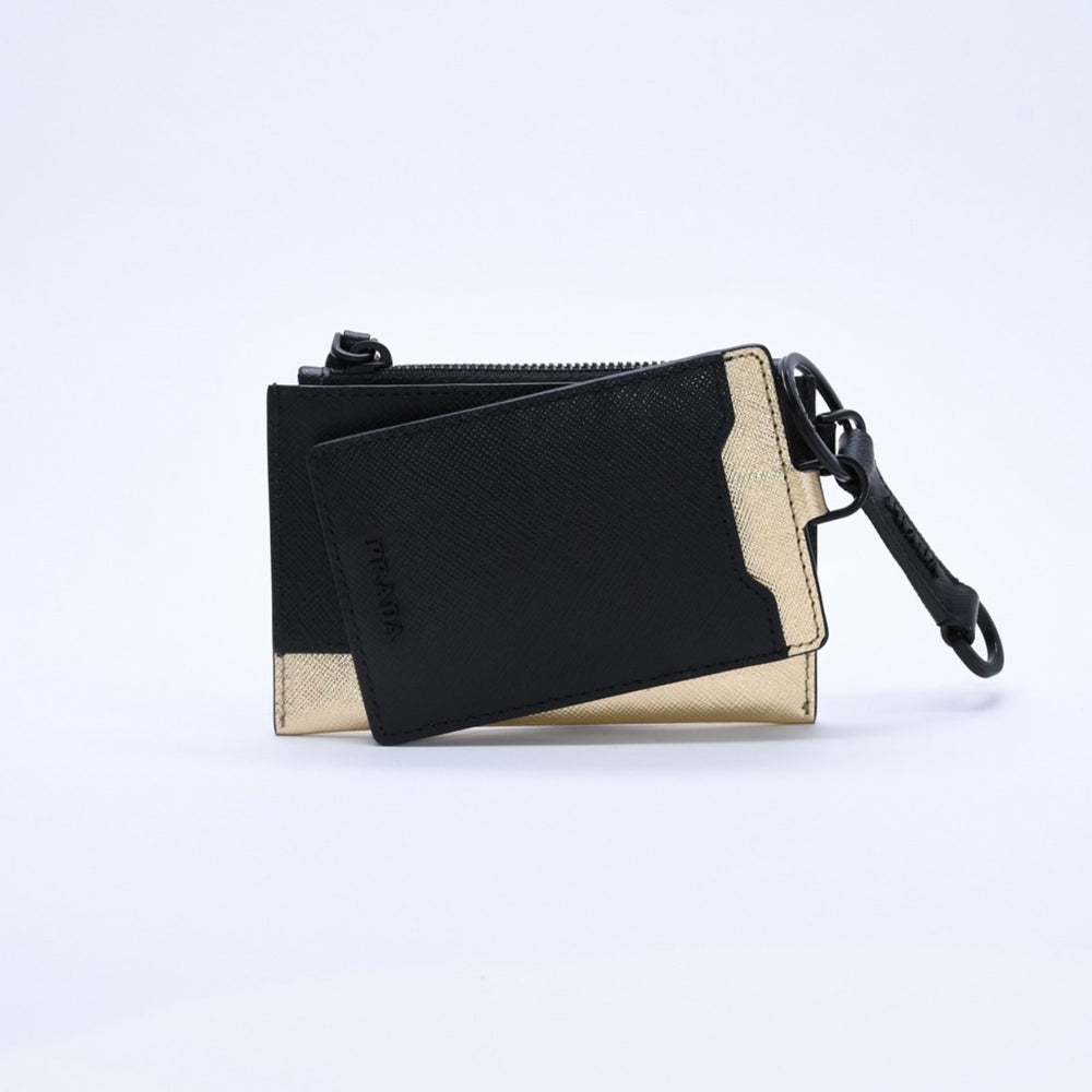 Very Good Condition PRADA Logo Coin Case Card Curse Saffano Leather Black Gold Black Leather Used 4a003223