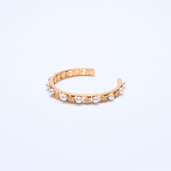 極美品 CHANEL シャネル ココマーク バングル フェイクパール ゴールド メタル GP フェイクパール ラインストーン I20A 中古 4a003202