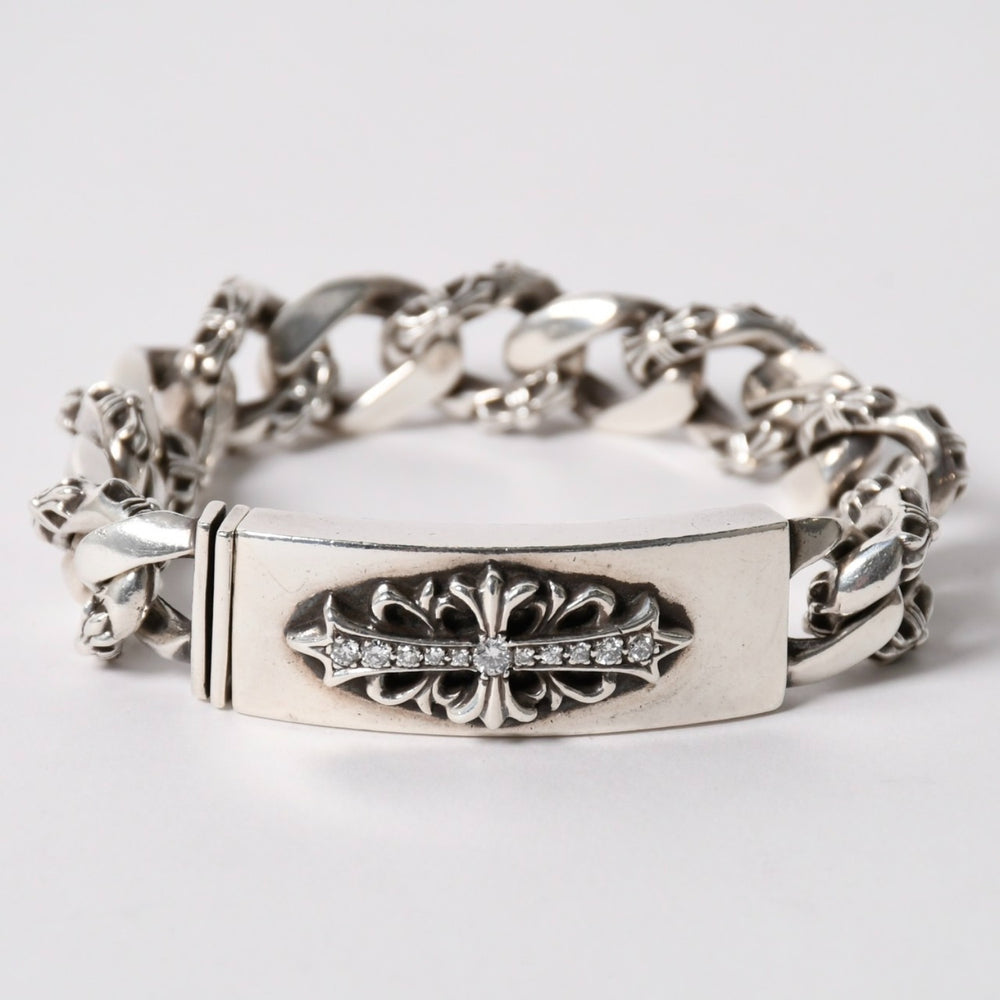 CHROME HEARTS ID FLORAL CRS FNCY P DIA Floral Cross Fancy Chain ID Bracelet 13 Links Genuine Good Condition Used 4a003351