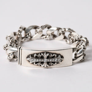 CHROME HEARTS クロムハーツ ID FLORAL CRS FNCY P DIA フローラルクロス ファンシーチェーン IDブレスレット 13リンク 純正 美品 中古 4a003351
