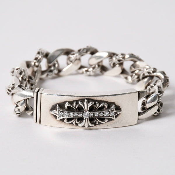 CHROME HEARTS クロムハーツ ID FLORAL CRS FNCY P DIA フローラルクロス ファンシーチェーン IDブレスレット 13リンク 純正 美品 中古 4a003351