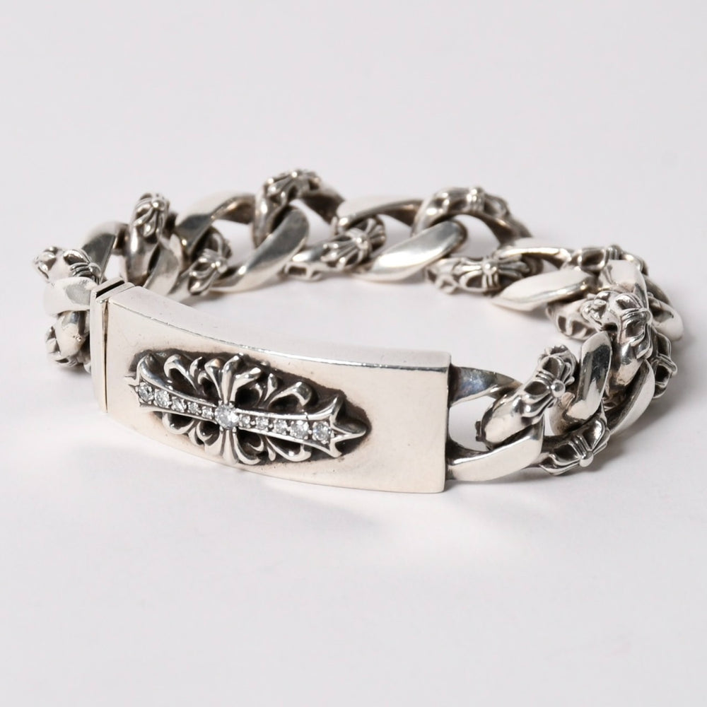 CHROME HEARTS ID FLORAL CRS FNCY P DIA Floral Cross Fancy Chain ID Bracelet 13 Links Genuine Good Condition Used 4a003351