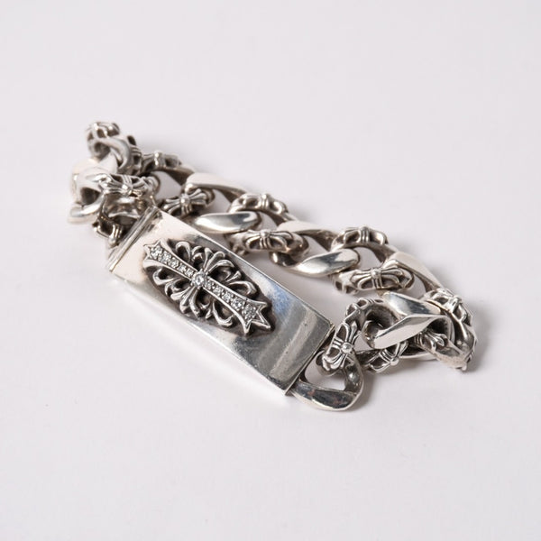 CHROME HEARTS クロムハーツ ID FLORAL CRS FNCY P DIA フローラルクロス ファンシーチェーン IDブレスレット 13リンク 純正 美品 中古 4a003351