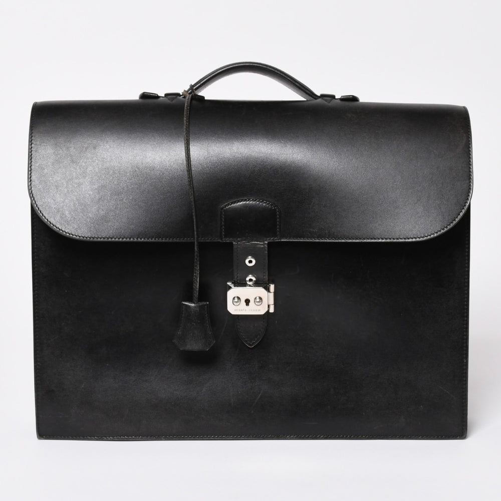 HERMES エルメス サックアデペッシュ ブリーフケース ビジネスバッグ ブラック シルバー金具 B刻印 レザー 美品 中古 4a003276